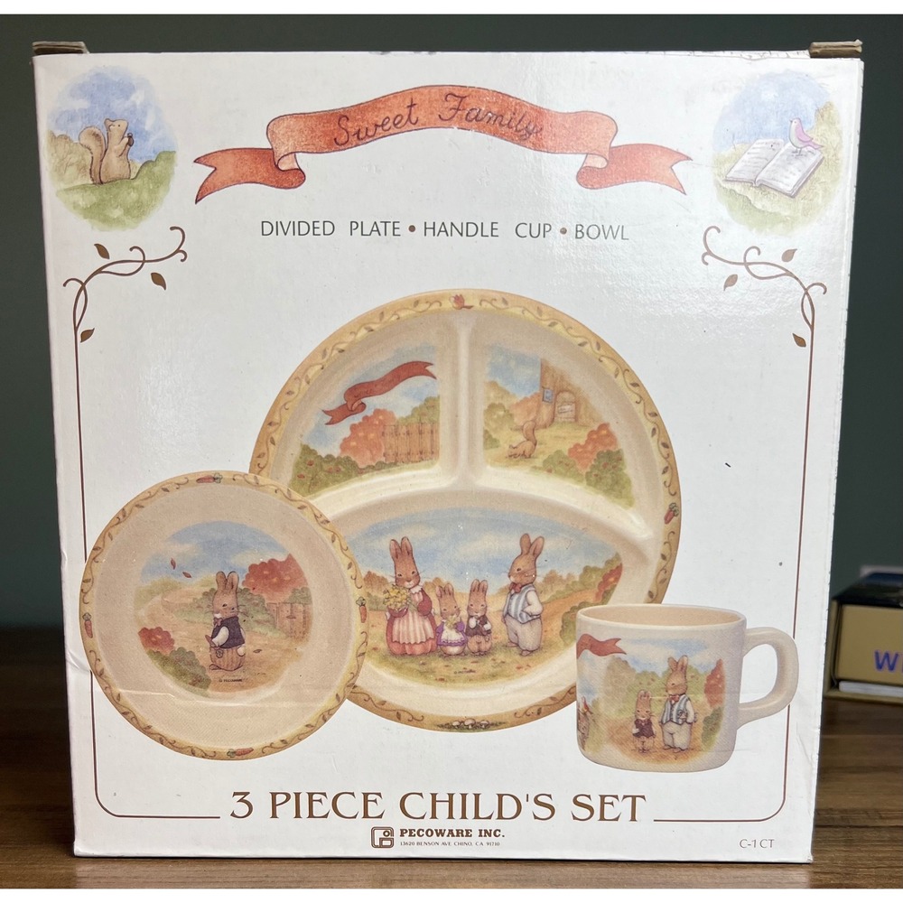 Pecoware Sweet Family Rabbit 3 Piece Melamine Childs Set Plate Bowl Cup 00303